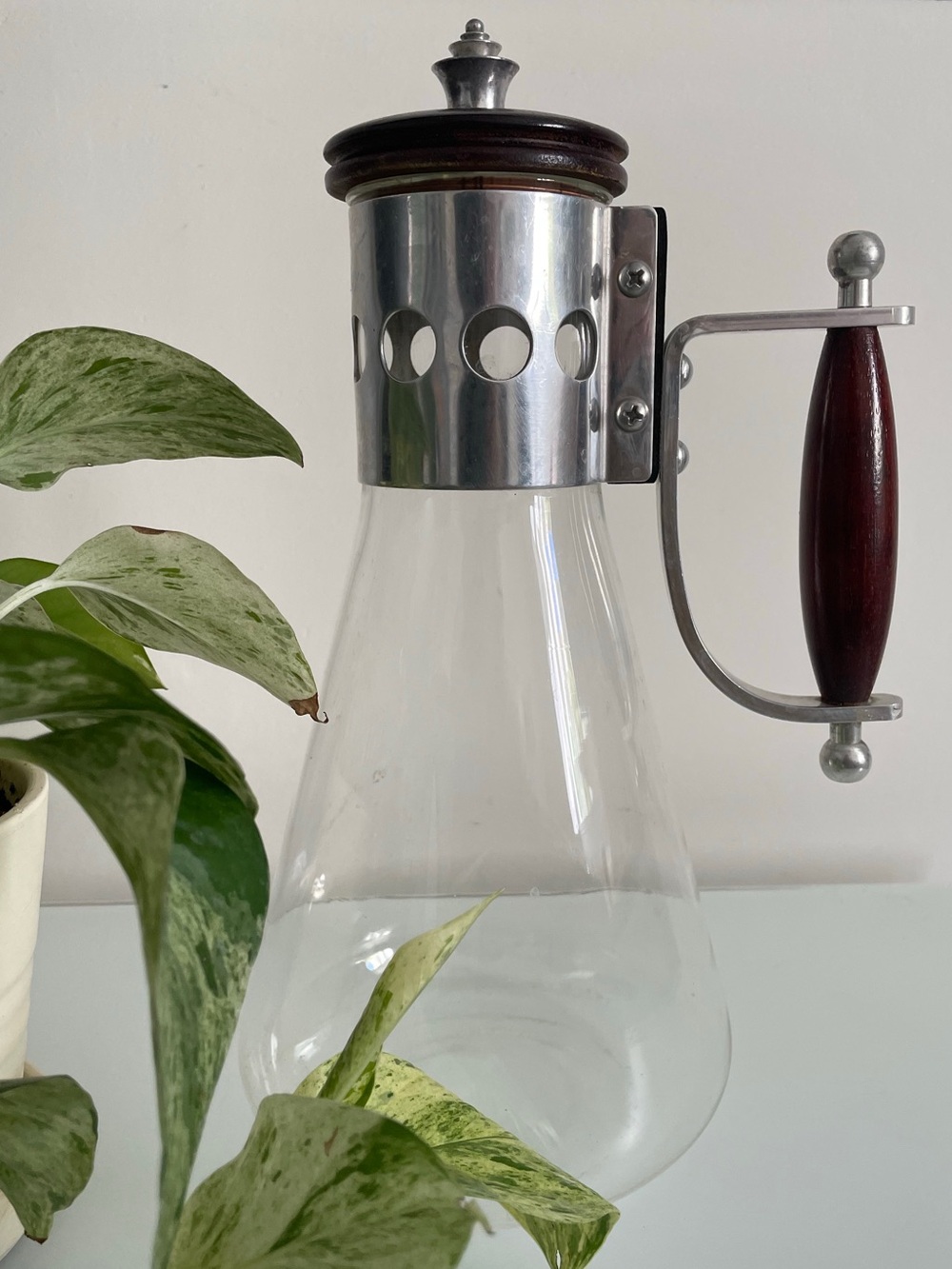 Glass “PYREX” Vintage Carafe with Metal Collar and Teak Wood Handle